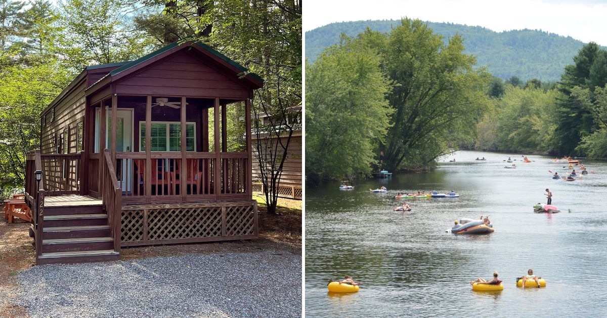 cabin on the left, tubing on river on the right