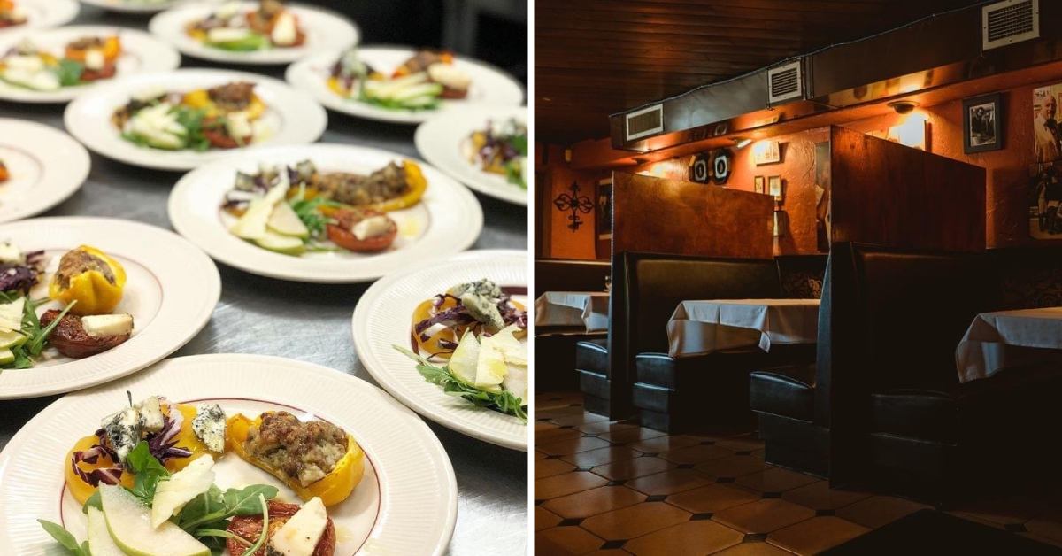 left image of plated apps; right image of booth seating in a restaurant