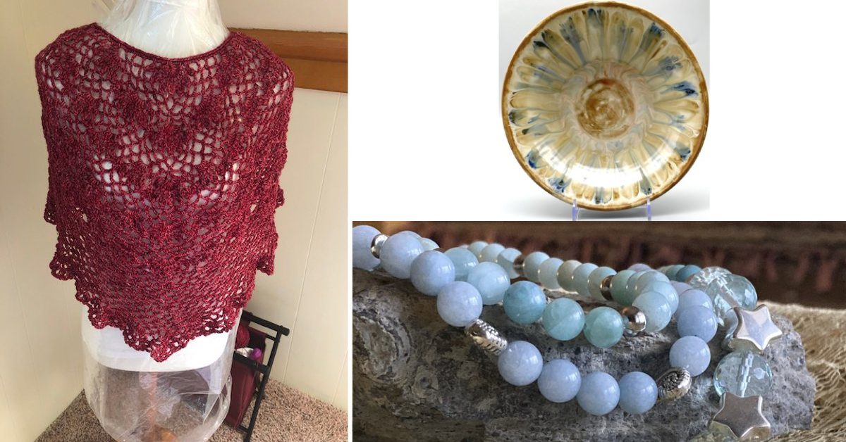 crocheted item and jewelry and pottery