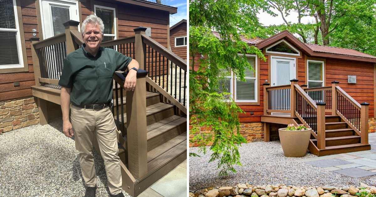 left image of man by a cabin; right image of a cabin