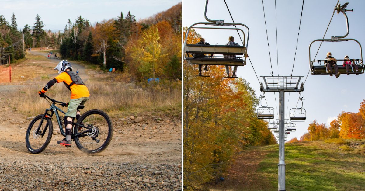 mountain biker and gondola rides in the fall at gore