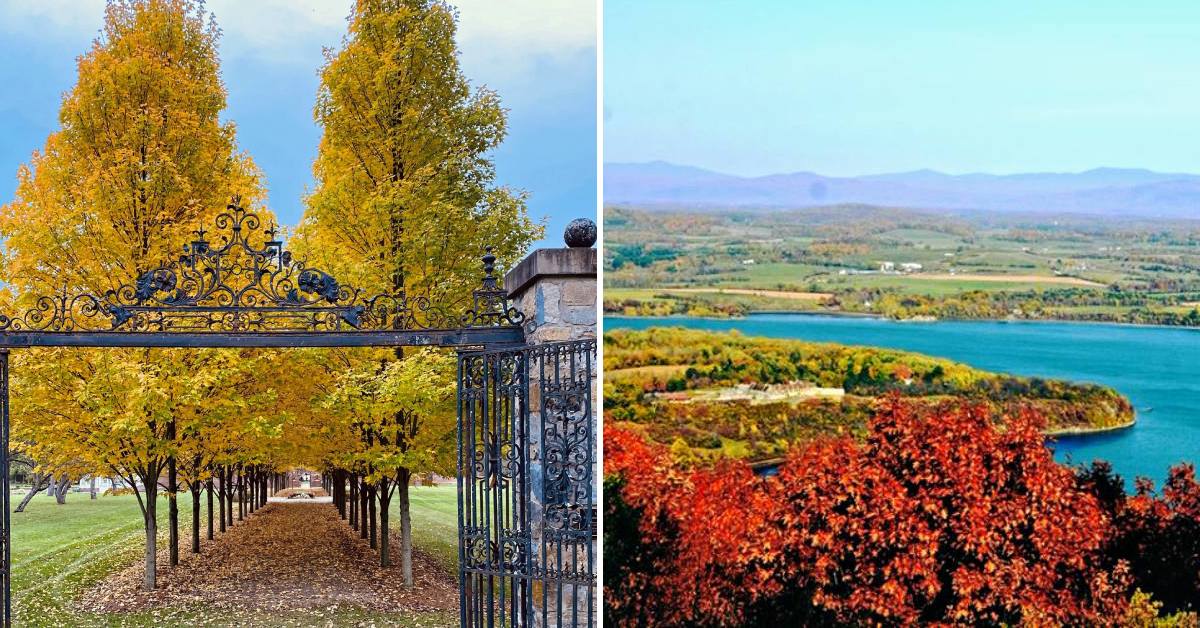 fall foliage at fort ticonderoga on the left, and fall view from mount defiance on the right