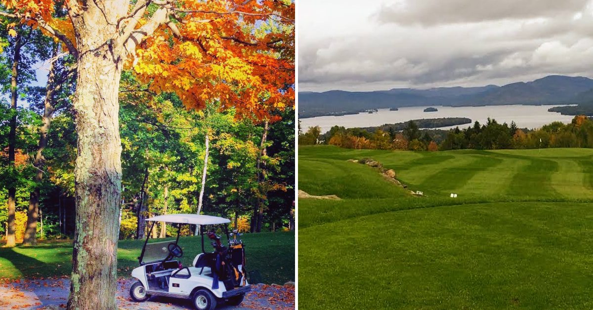 golf cart under tree with foliage on the left, fall view of lake george from top of the world on the right