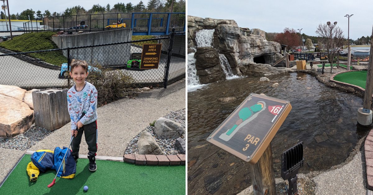 kid mini golfing on the left, mini golf course on the right at the fun spot