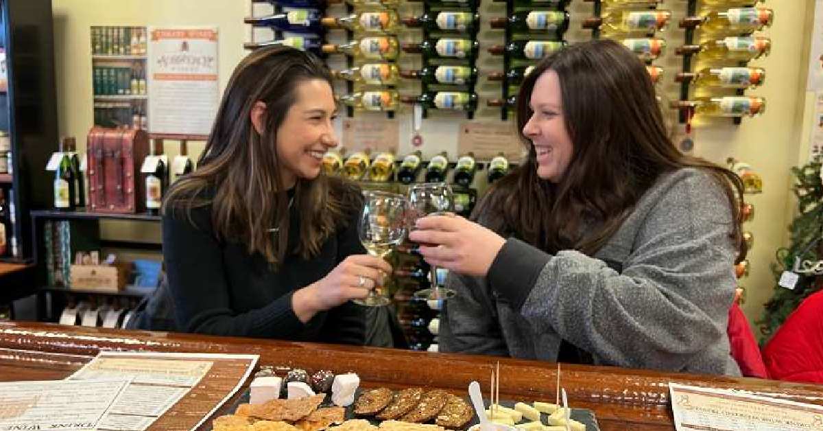 two girls toasting wine glasses