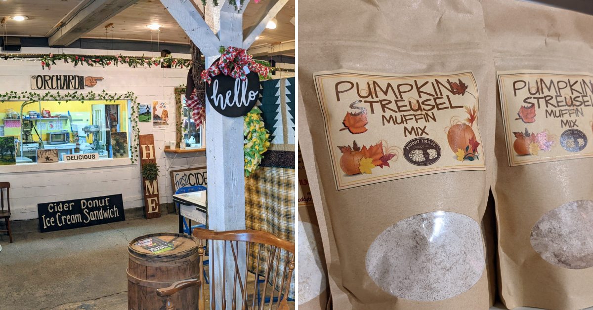 inside hicks orchard store on the left, bagged pumpkin streusel muffin mix on the right