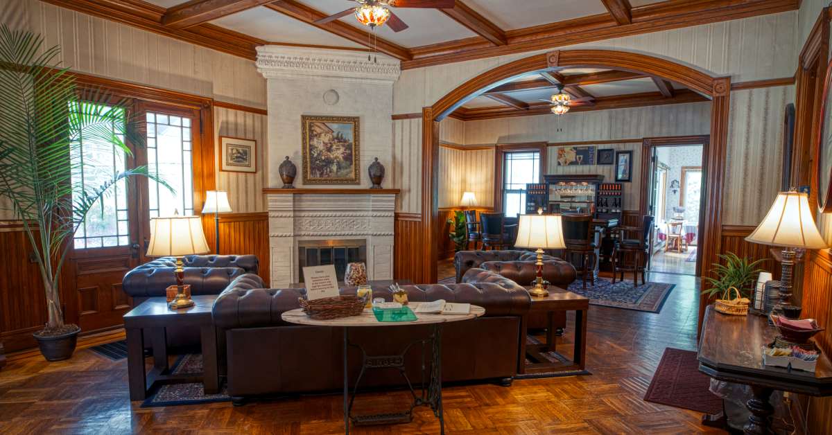 lobby space in an inn and wine bar in the background