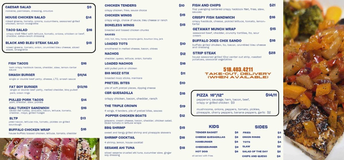 menu for the getaway restaurant