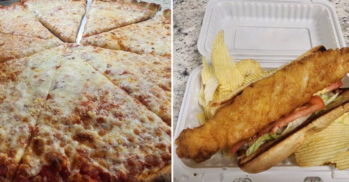 pizza on left, fish and chips on the right