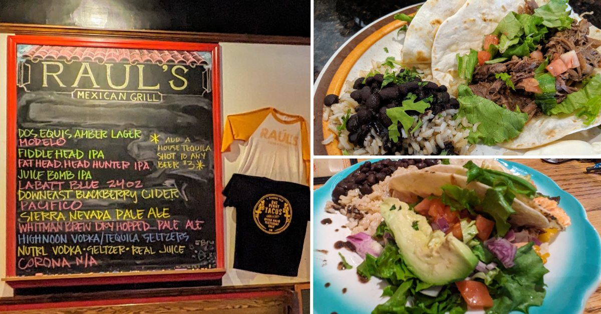 raul's mexican restaurant drink menu on chalkboard on left, and tacos on right