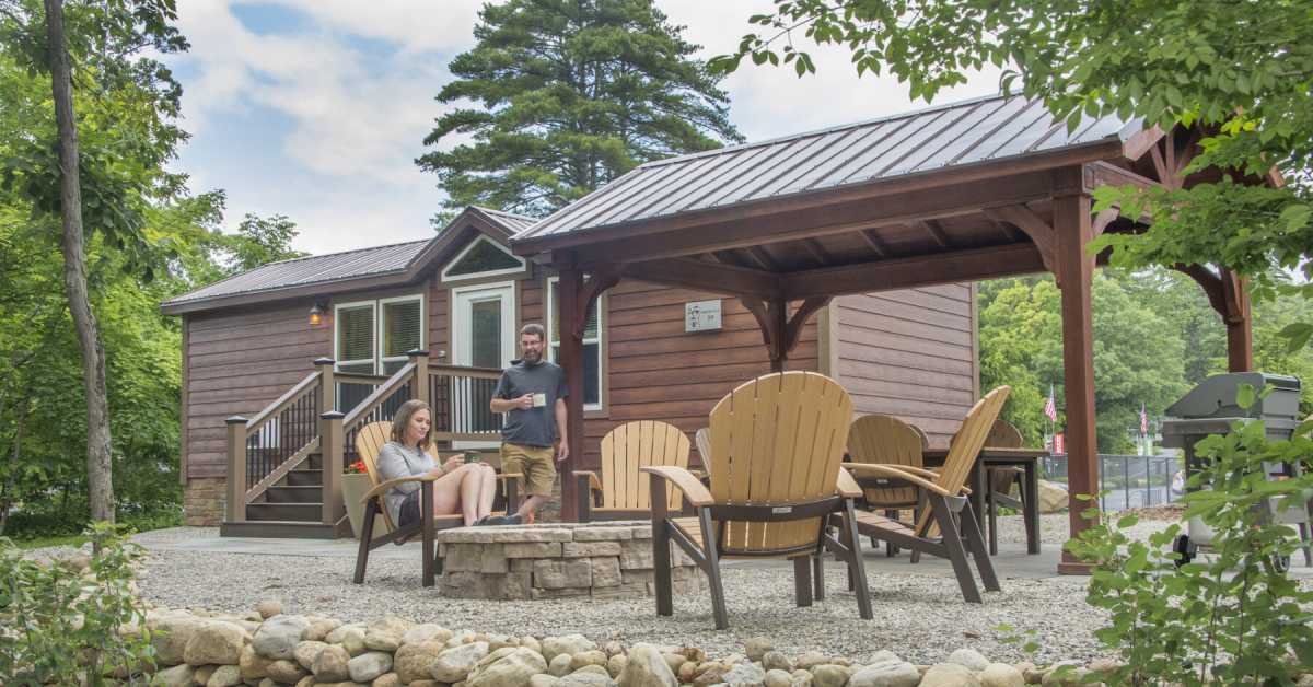 fire pit outside camping cabin