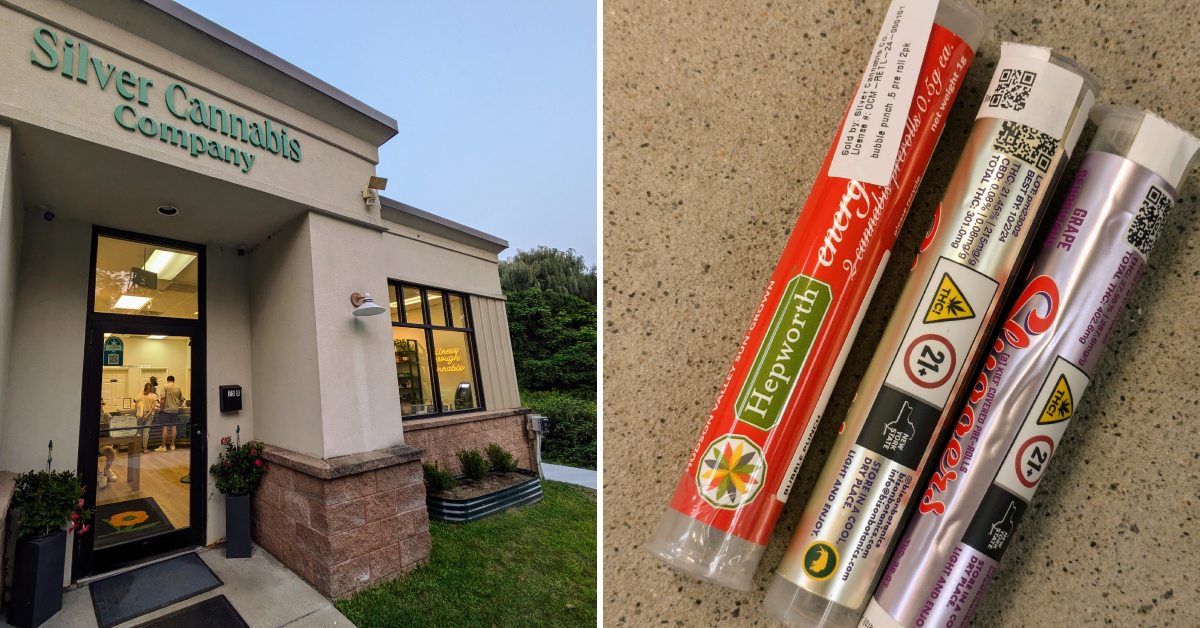 exterior of silver cannabis company on the left, pre-rolls on the right