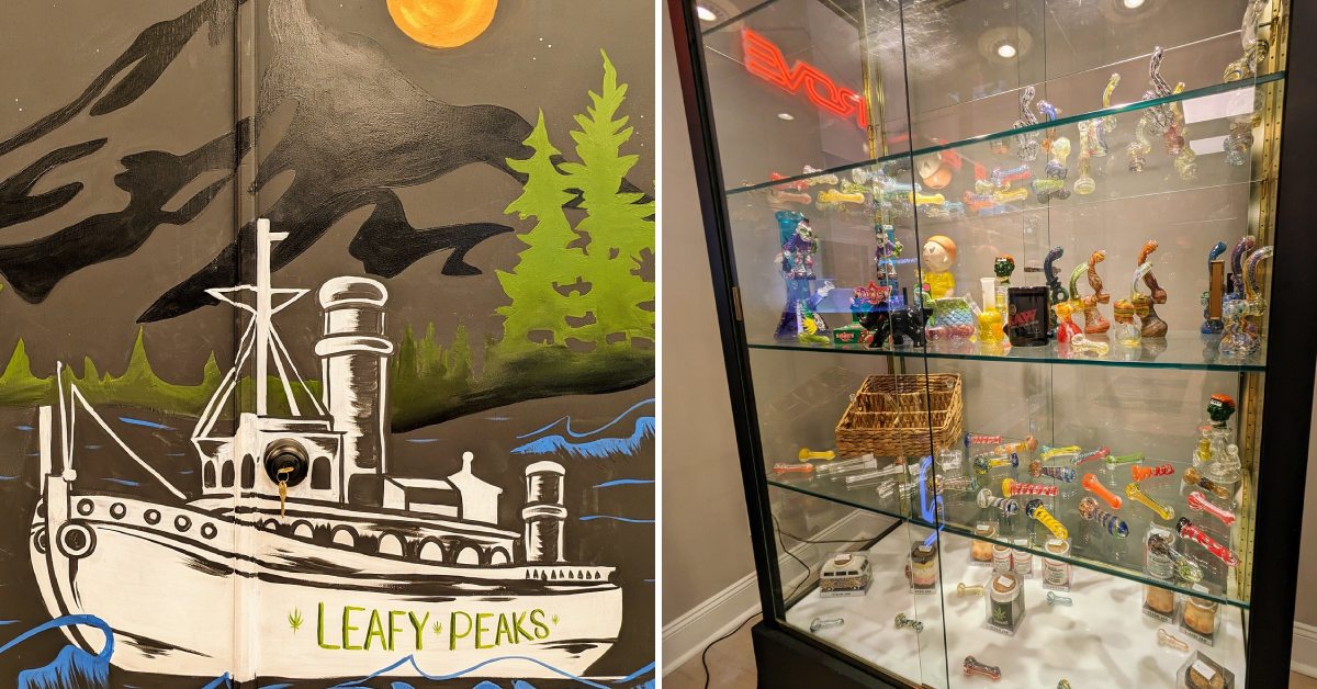 leafy peaks artsy design on the left, glass pipes in display case on the right