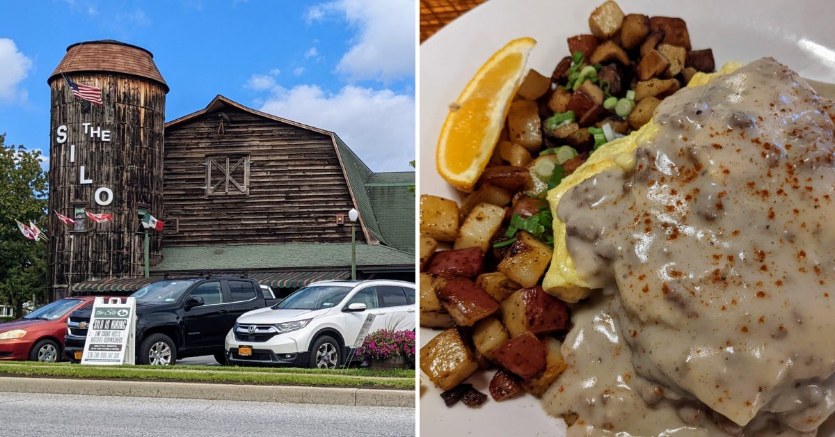 exterior of silo restaurant on the left, biscuits and gravy with home fries on the right