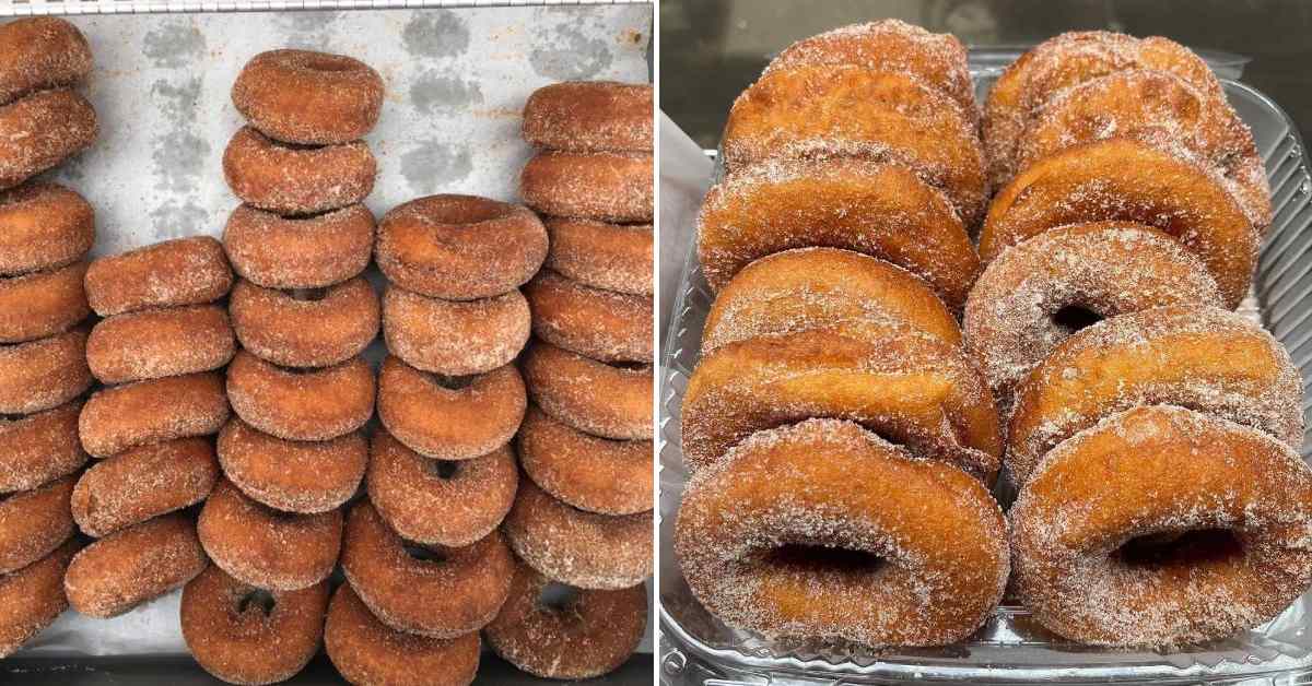 two different pictures of cider donut trays put side-by-side