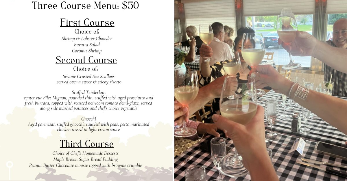 travers dining menu on left, people cheersing at dunning street station with white wine on the right