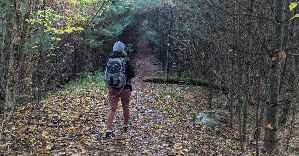 woman hiking in woods in fall