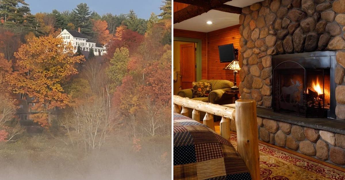 inn surrounded by foliage on the left, guest room with fire in fireplace on the right