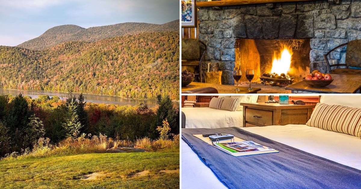 fall foliage views, wine by fireplace, and beds in guest room