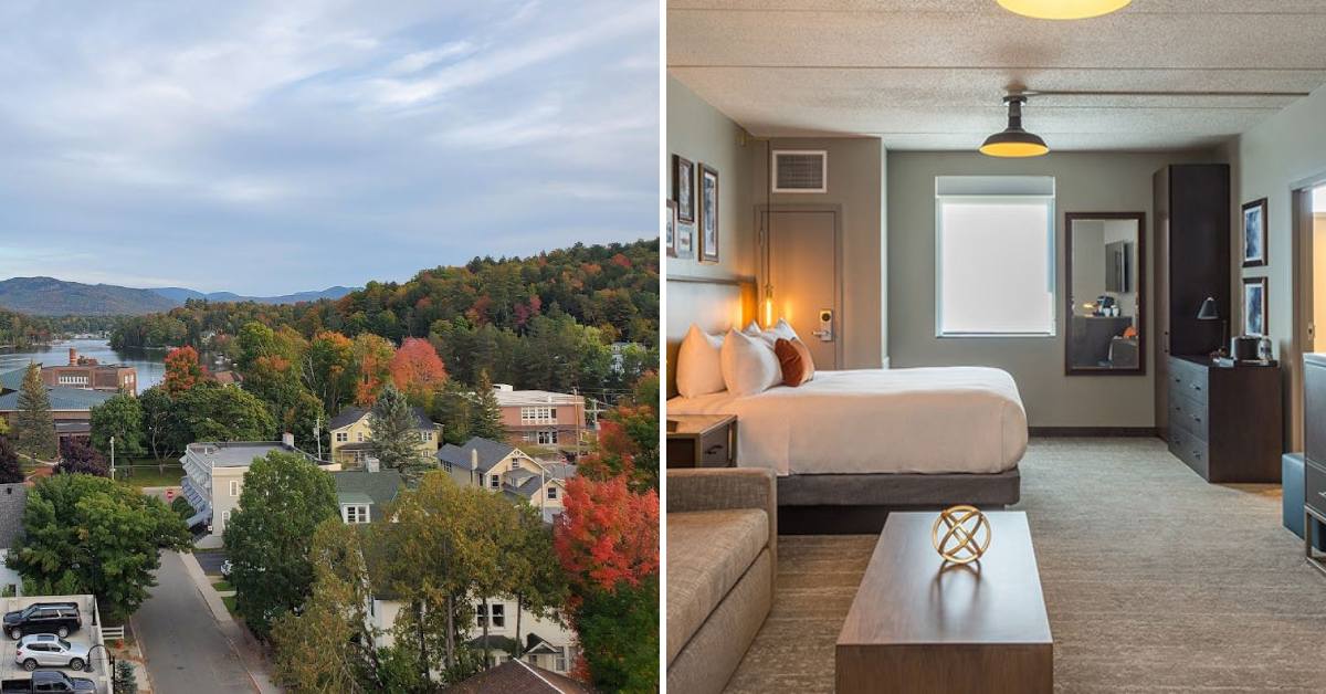 aerial foliage view of saranac lake on left, hotel saranac lake guest room on right