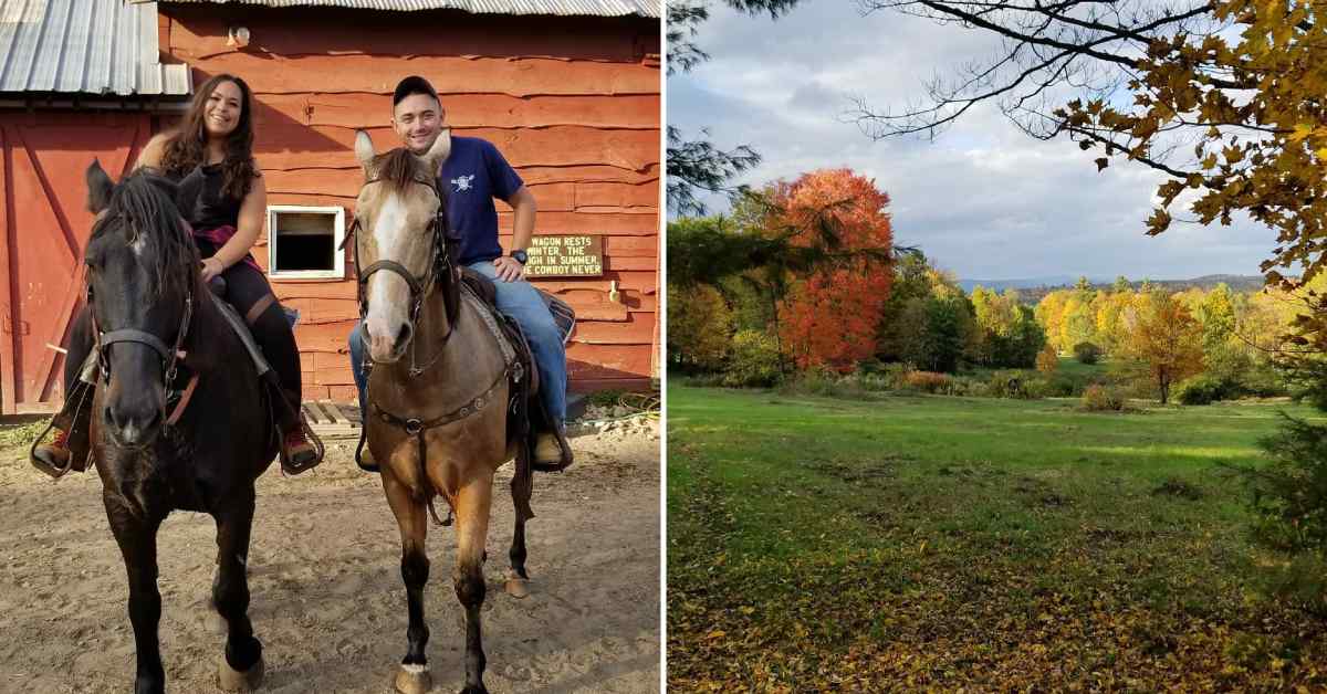 left image of man and woman on horses; right image of fall colors on trees