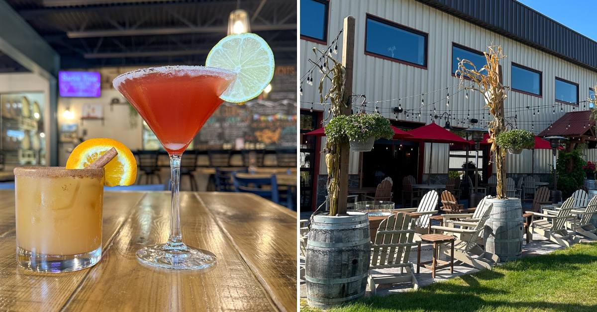 cocktails on the left, exterior of adirondack winery in queensbury on the right