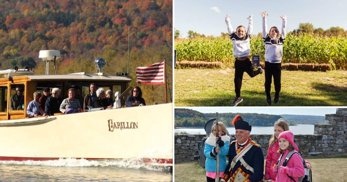 carillon boat ride in fall, kids jumping in front of corn maze, and soldier reenactor poses with kids