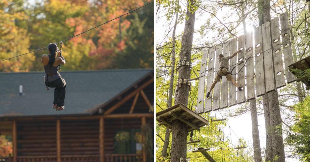 woman ziplining in the fall on the left, guy on treetop course on the right