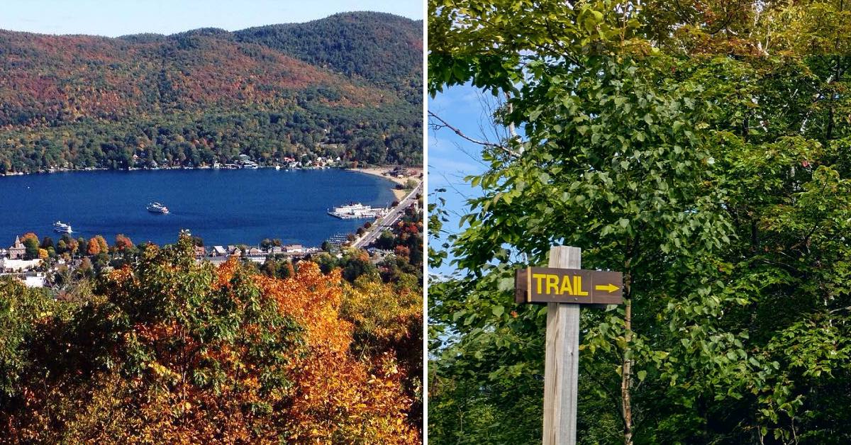 propsect mountain view in fall on left, trail sign on right