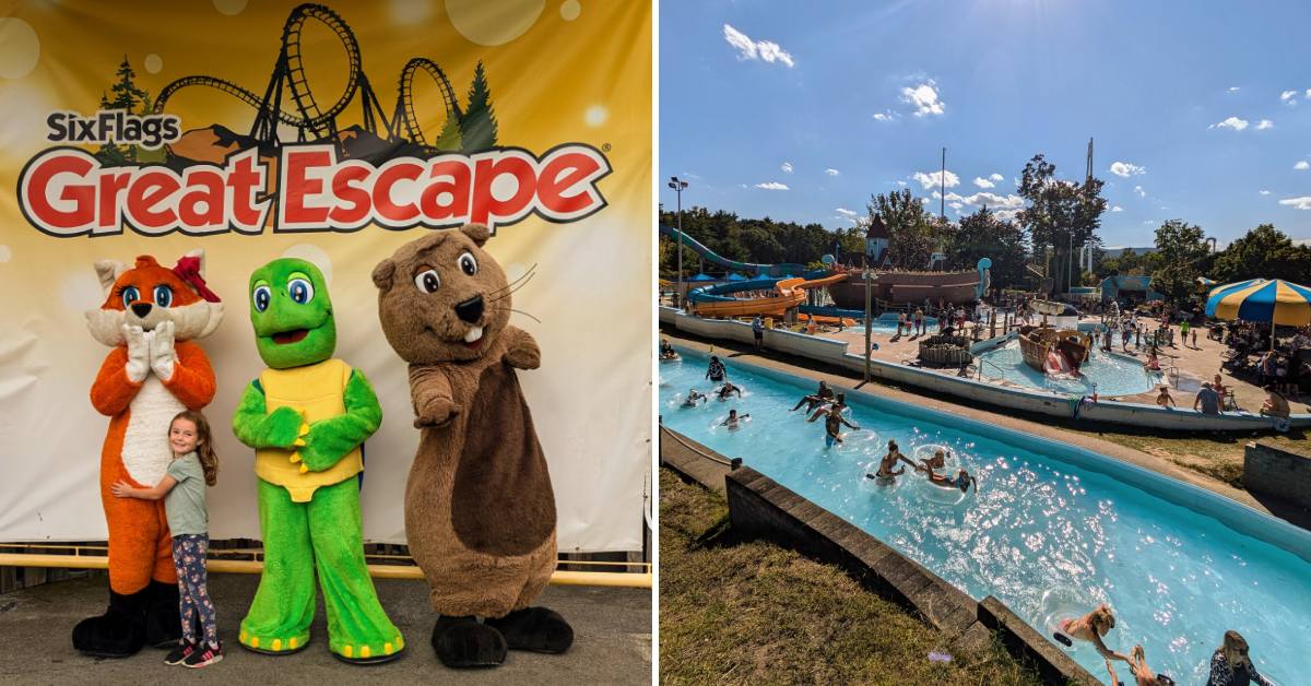 little girl poses with costumed people on left, aerial view of kids water park on the right