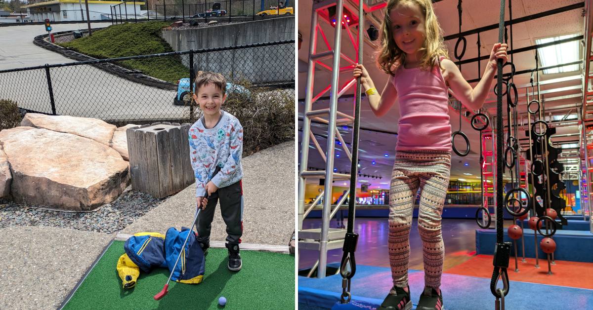 kid playing mini golf on the left, girl at indoor ropes course on the right