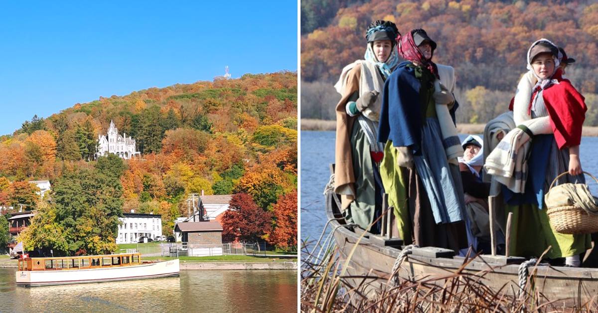 fort ticonderoga's boat ride in the fall and people dressed in period costumes