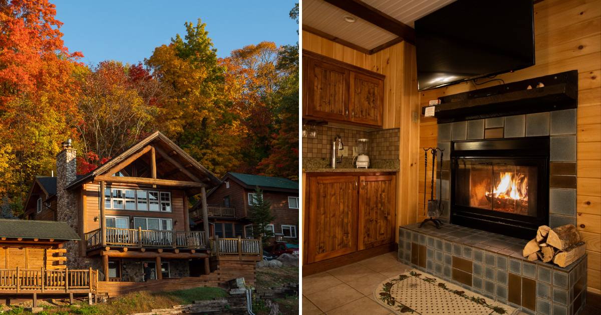 trout house village resort in the fall on the left, fire in fireplace on the right