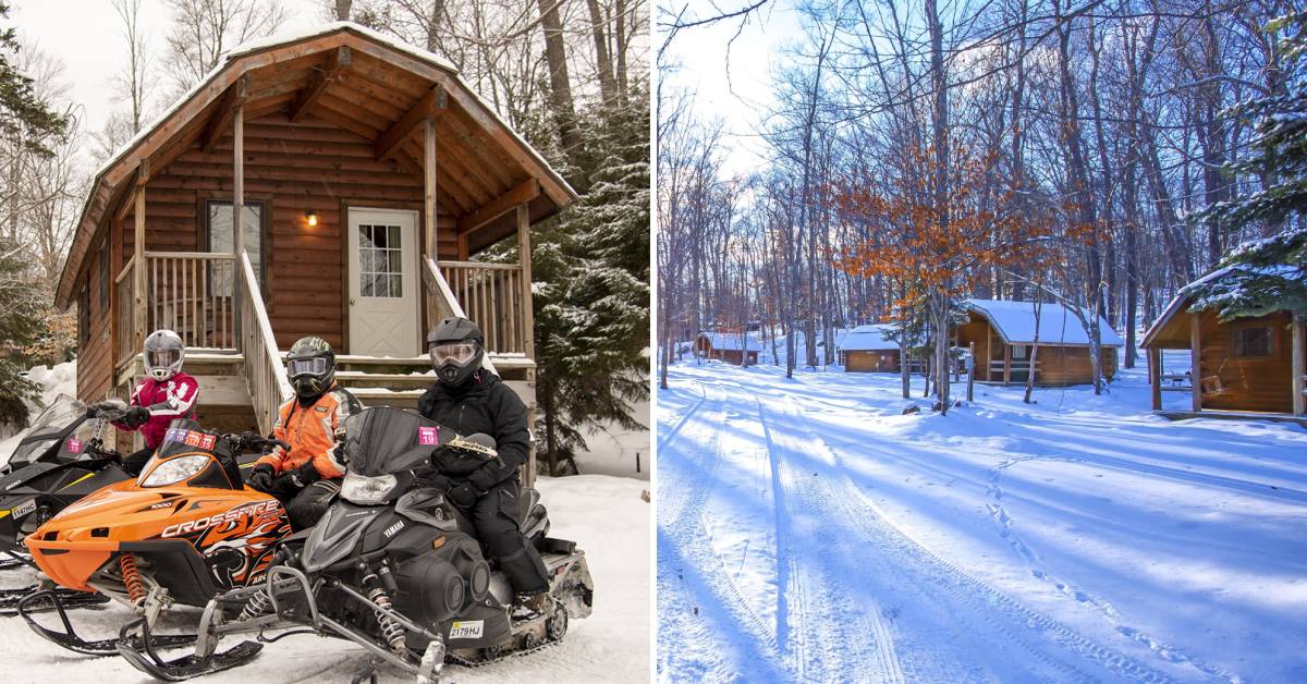 old forge camping resort in the winter with snowmobilers