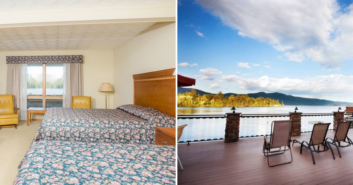 guest room in chelka lodge on the left, fall view from patio on right