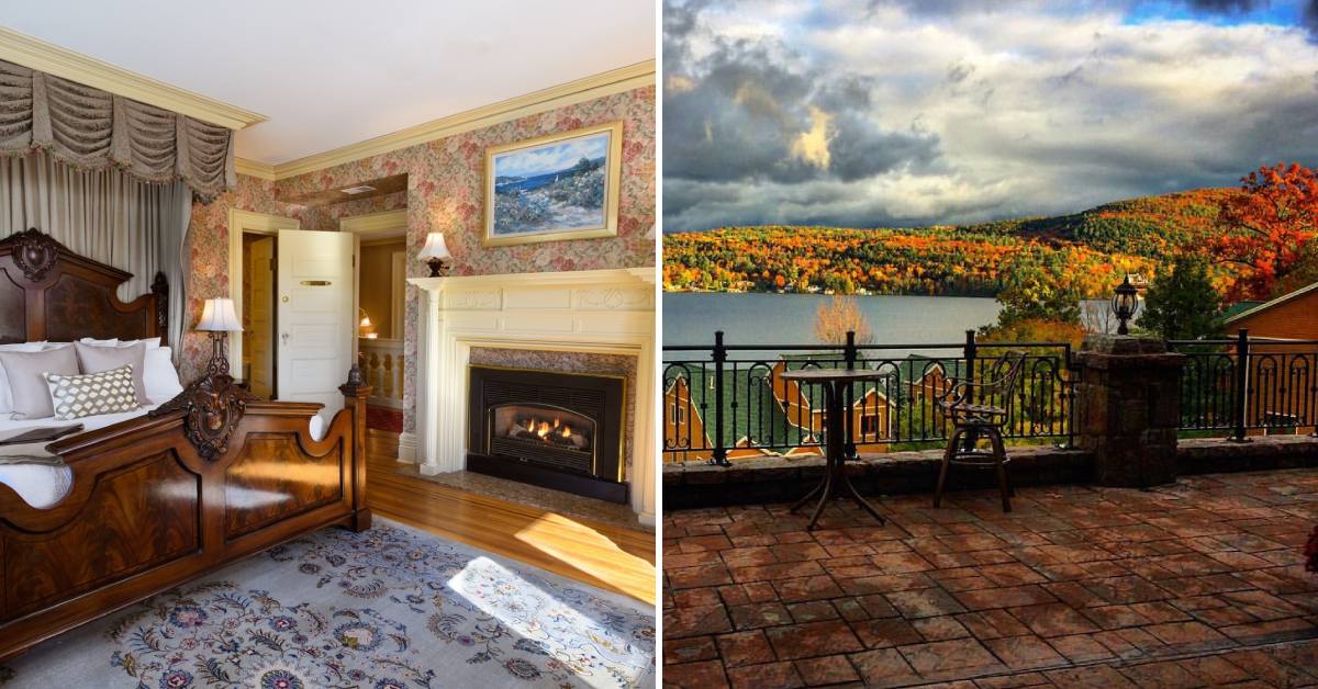 inn at erlowest room with fireplace on the left, foliage view from patio on the right