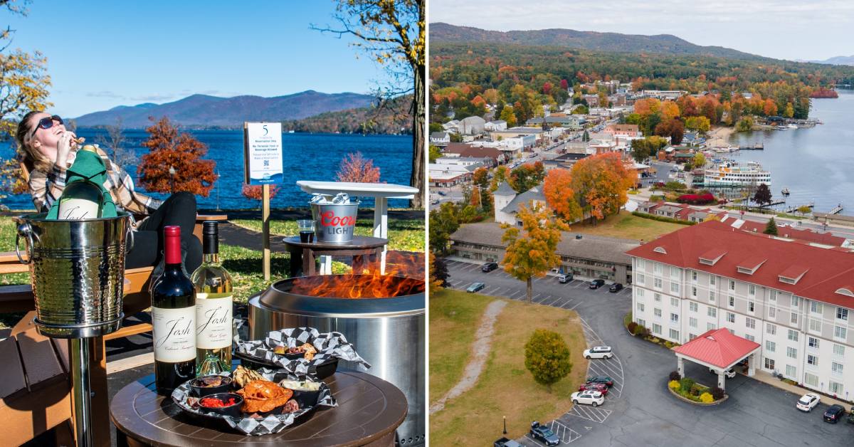 woman at lakeside fire pit in fall on the left, aerial view of fort william henry in fall on right