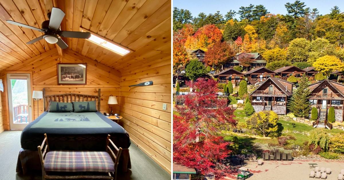 bedroom on left, exterior of lodges of cresthaven in the fall on the right