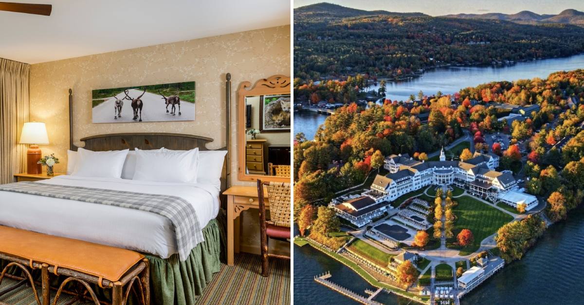 sagamore guest room on the left, aerial view of resort in fall on the right