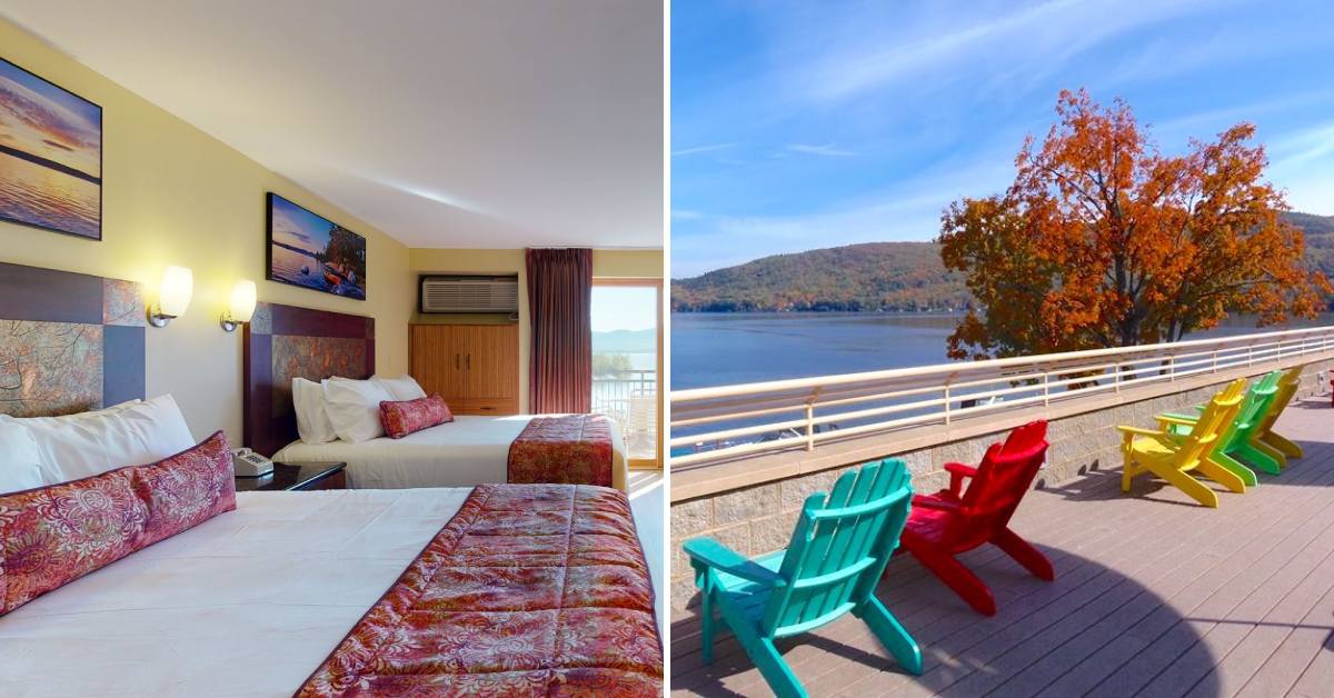 surfside on the lake guest room on the left, fall foliage from rooftop cabana bar on the right