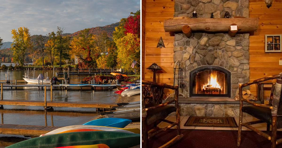 fall foliage and watercraft by lake on left, cabin fire in fireplace on right