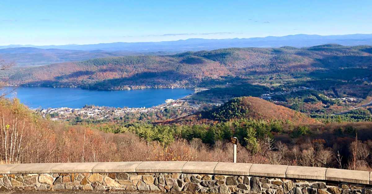 view of lake george from prospect mountain road during fall