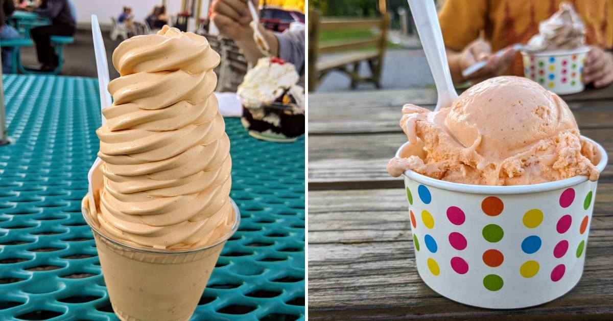 soft pumpkin ice cream on the left, hard pumpkin ice cream on the right