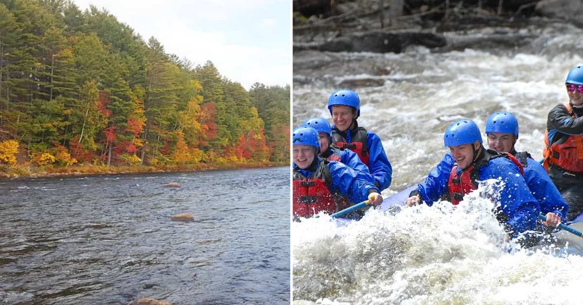 side by side photos of a river with fall colors on trees and people rafting