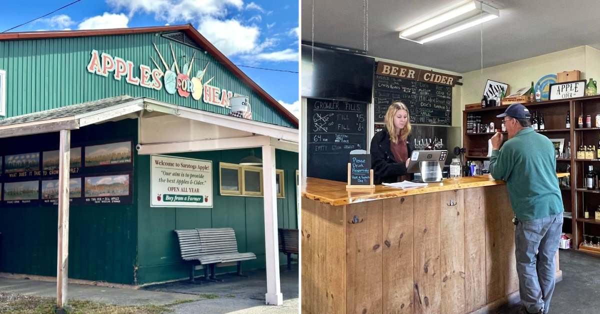 left image of saratoga apple building; right image of cider checkout counter