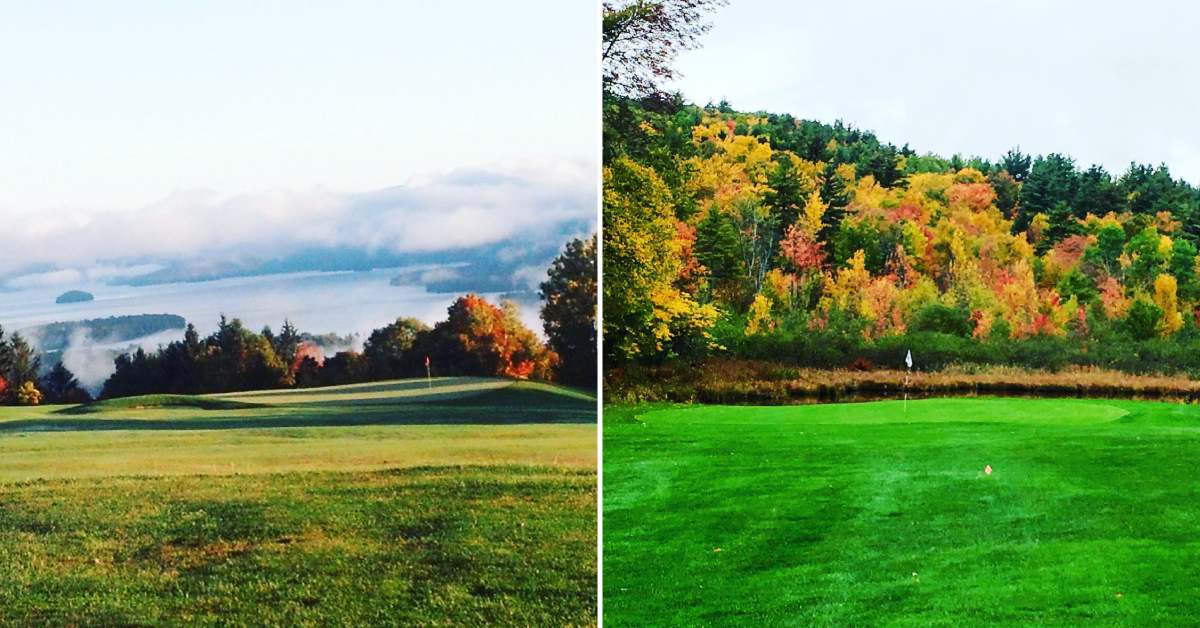 left image of golf course and lake, right image of golf course hole and fall colors on trees