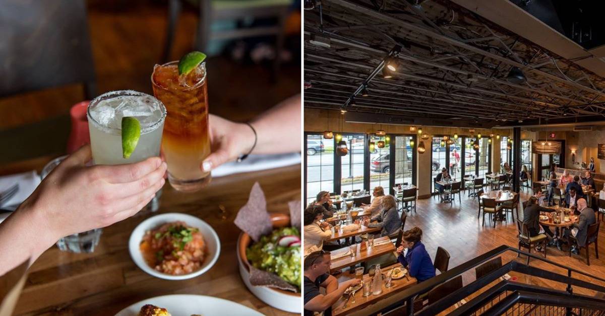 left image of people cheersing with margaritas; right image of people inside a restaurant