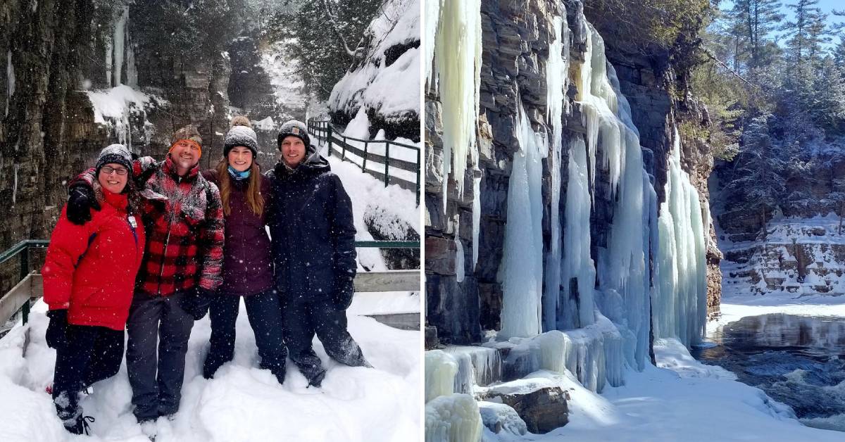 people at ausable chasm in winter and icicles