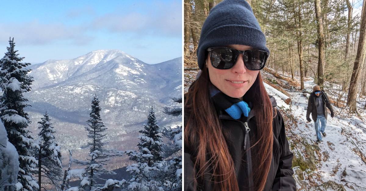 winter summit on left, couple hiking in winter on the right