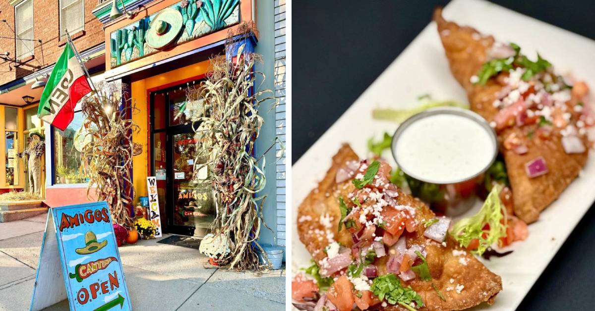 left image of Amigos Cantina sign; right image of fried food with dipping sauce